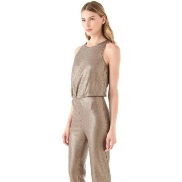 BCBGMaxAzria Jumpsuit M Gold Sequins Sleeveless Lowe  Formal Party - Picture 4 of 16